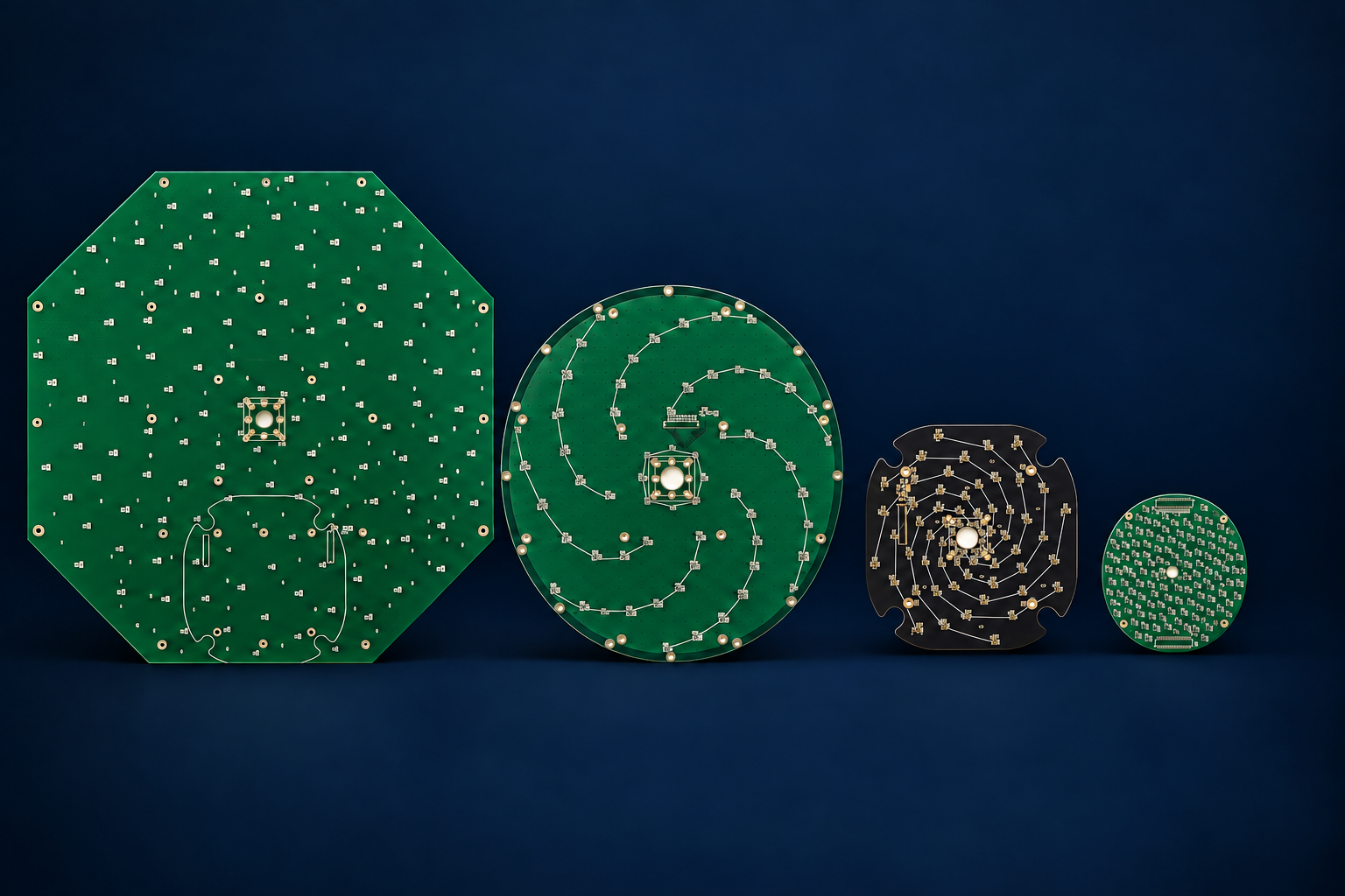 Composite presentation of four microphone-array PCB designs: large octagonal, circular, compact distributed, and compact dense